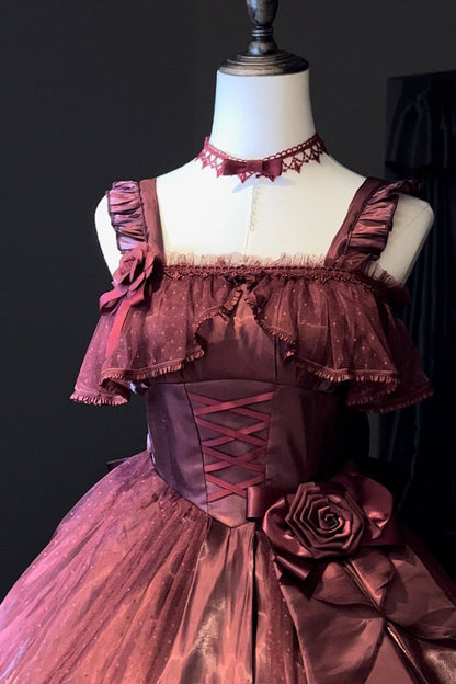 Lolita Jumper Skirt - Square Collar Ruffled Bow, Red, Square Collar, Lace-Up - additional product view 6