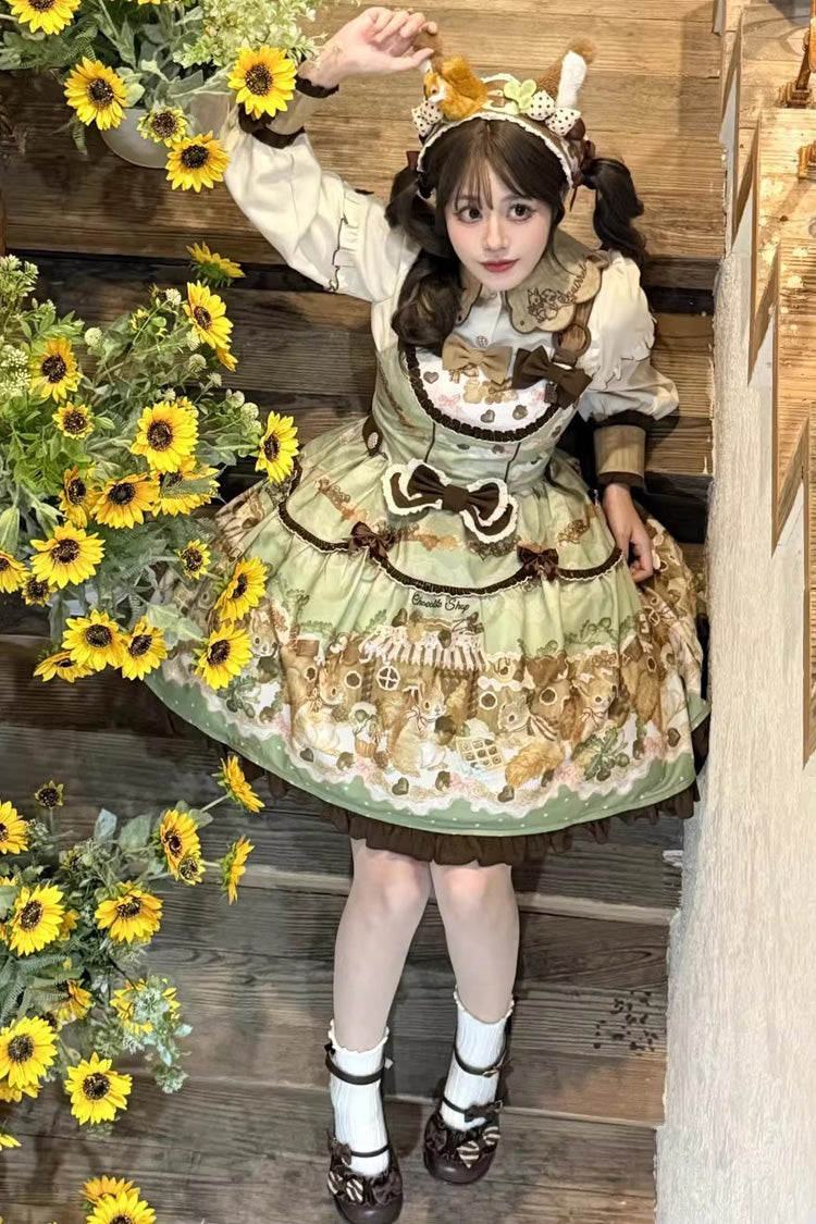 Lolita Jumper Skirt - Squirrel Chocolate Shop, Green, Printed, Sweet Style, Bow Detail - additional product view 3