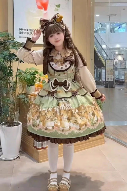 Lolita Jumper Skirt - Squirrel Chocolate Shop, Green, Printed, Sweet Style, Bow Detail - additional product view 6