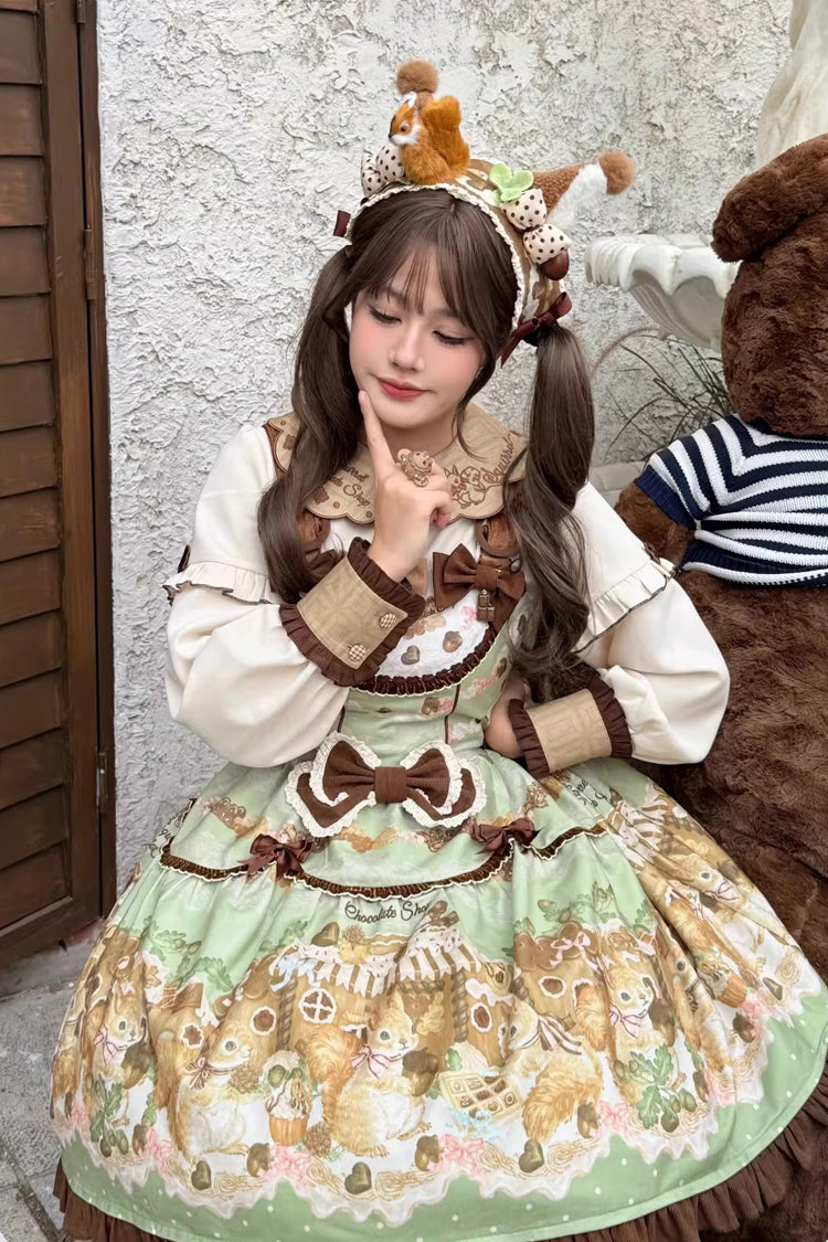 Lolita Jumper Skirt - Squirrel Chocolate Shop, Green, Printed, Sweet Style, Bow Detail - main product image