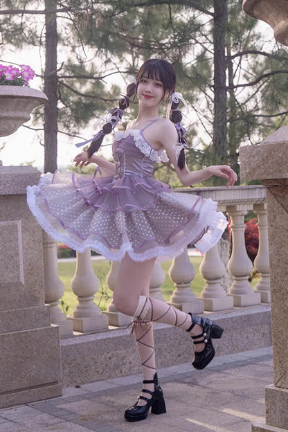 Lolita Jumper Skirt - Star Trail Star Yarn Multi-layer, Purple, Sweet Style - additional product view 2