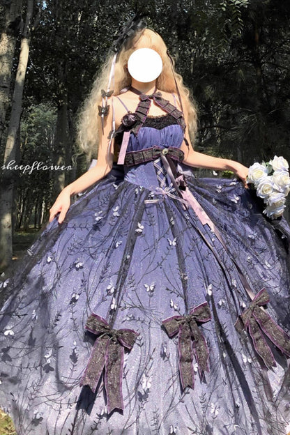 Lolita Jumper Skirt - Starry Night Solo, Purple, Bow Detail, Lace Trim, Ruffled - additional product view 4