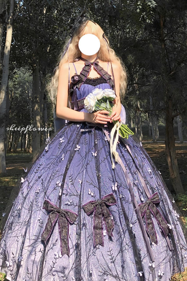 Lolita Jumper Skirt - Starry Night Solo, Purple, Bow Detail, Lace Trim, Ruffled - main product image
