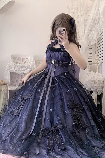 Lolita Jumper Skirt - Starry Night Solo, Purple, Sweet Style, Bow Detail, Lace Trim - additional product view 4