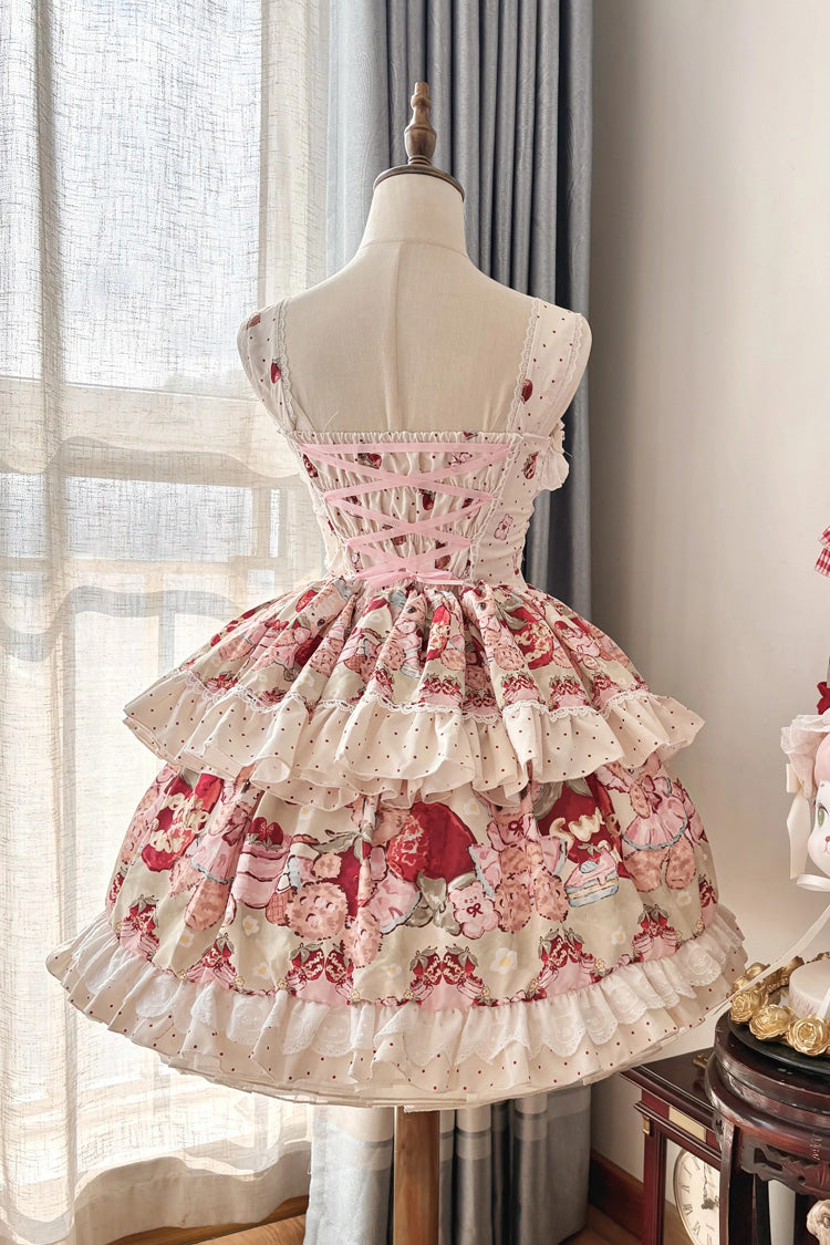 Lolita Jumper Skirt - Strawberry Bear, Ivory, Layered, Sweet Style, Bow Detail - additional product view 2