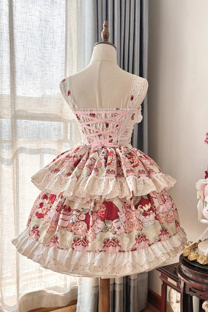 Lolita Jumper Skirt - Strawberry Bear, Ivory, Layered, Sweet Style, Bow Detail - additional product view 2