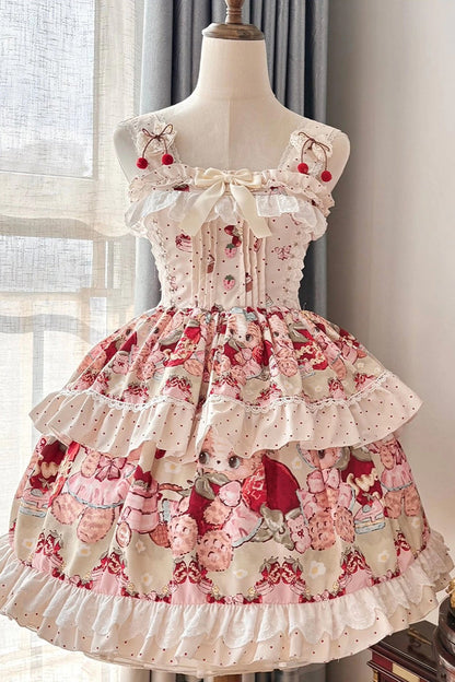 Lolita Jumper Skirt - Strawberry Bear, Ivory, Layered, Sweet Style, Bow Detail - additional product view 3