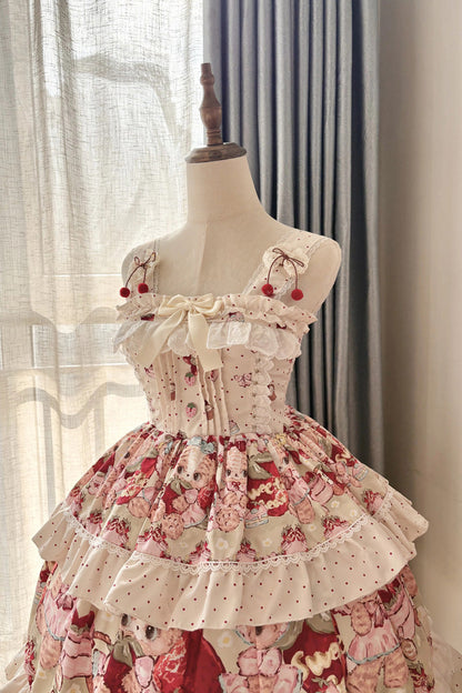 Lolita Jumper Skirt - Strawberry Bear, Ivory, Layered, Sweet Style, Bow Detail - additional product view 5