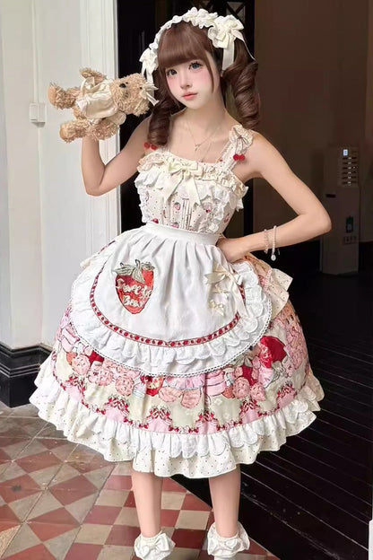 Lolita Jumper Skirt - Strawberry Bear, Ivory, Layered, Sweet Style, Bow Detail - main product image