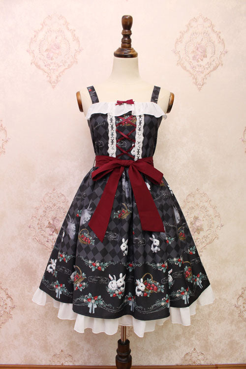 Lolita Jumper Skirt - Strawberry Bunny Print, 4 Colors, Bow Detail, Ruffled, Printed - M Black option