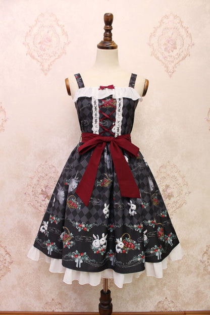 Lolita Jumper Skirt - Strawberry Bunny Print, 4 Colors, Bow Detail, Ruffled, Printed - M Black option