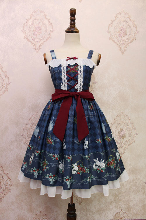 Lolita Jumper Skirt - Strawberry Bunny Print, 4 Colors, Bow Detail, Ruffled, Printed - M Blue option