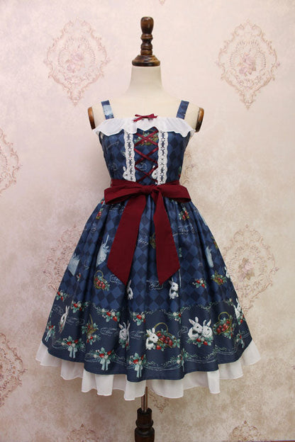 Lolita Jumper Skirt - Strawberry Bunny Print, 4 Colors, Bow Detail, Ruffled, Printed - M Blue option