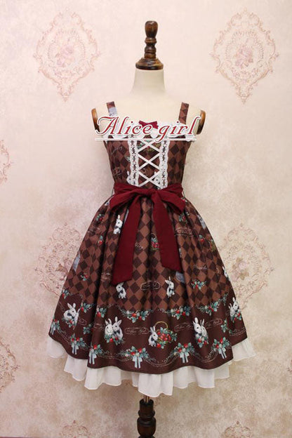 Lolita Jumper Skirt - Strawberry Bunny Print, 4 Colors, Bow Detail, Ruffled, Printed - M Coffee option