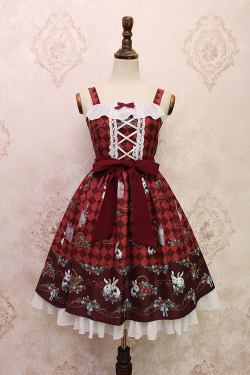 Lolita Jumper Skirt - Strawberry Bunny Print, 4 Colors, Bow Detail, Ruffled, Printed - main product image