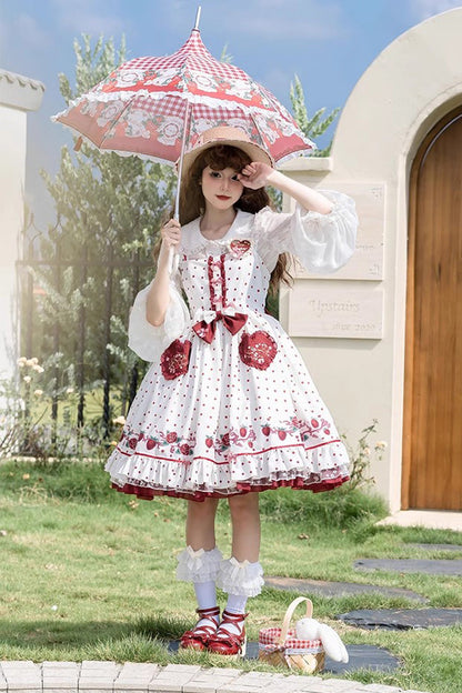 Lolita Jumper Skirt - Strawberry Diary, White, Lace Trim, Ruffled, Printed - additional product view 2
