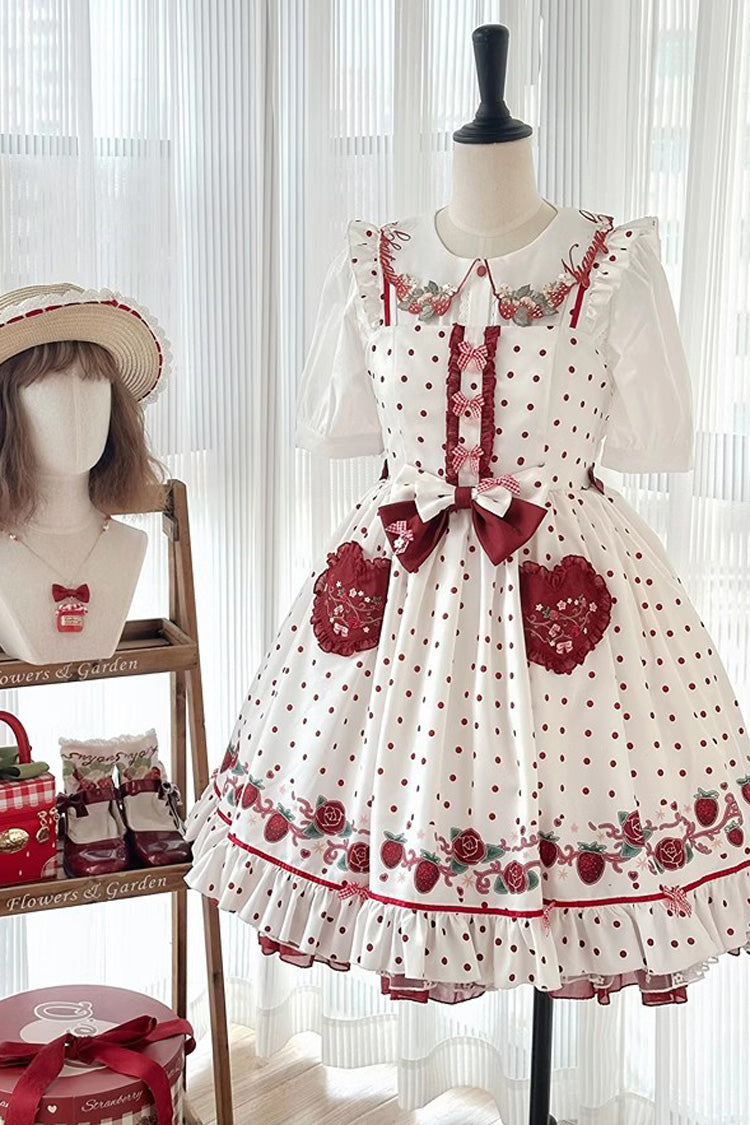 Lolita Jumper Skirt - Strawberry Diary, White, Lace Trim, Ruffled, Printed - additional product view 3