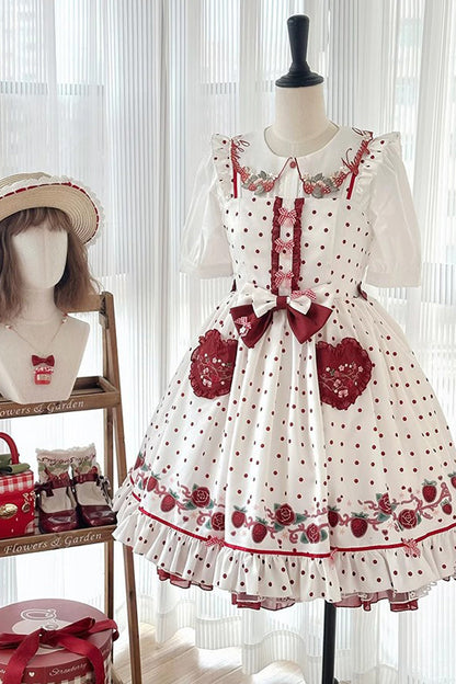 Lolita Jumper Skirt - Strawberry Diary, White, Lace Trim, Ruffled, Printed - additional product view 3