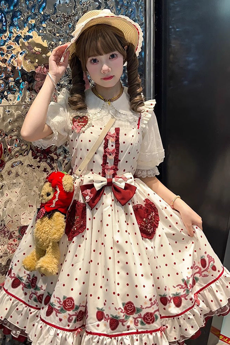 Lolita Jumper Skirt - Strawberry Diary, White, Lace Trim, Ruffled, Printed - additional product view 4