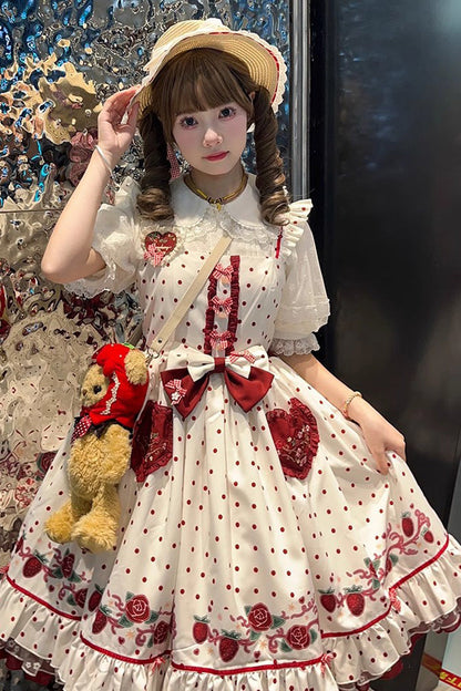 Lolita Jumper Skirt - Strawberry Diary, White, Lace Trim, Ruffled, Printed - additional product view 4