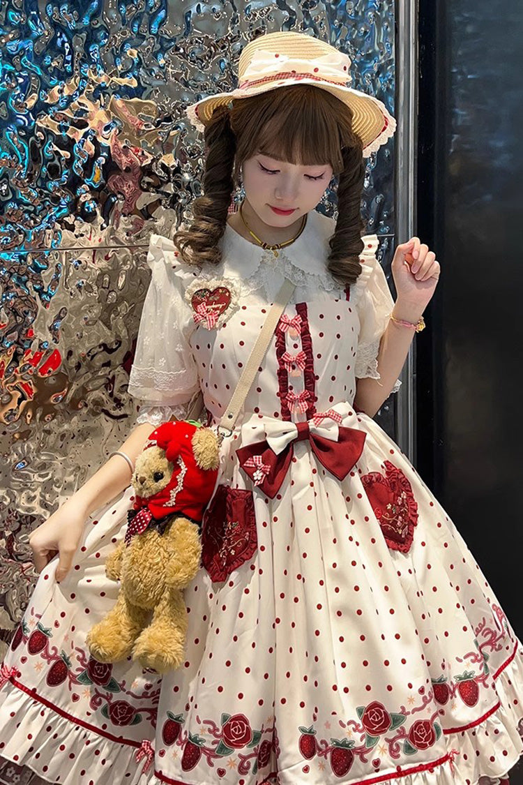 Lolita Jumper Skirt - Strawberry Diary, White, Lace Trim, Ruffled, Printed - additional product view 5