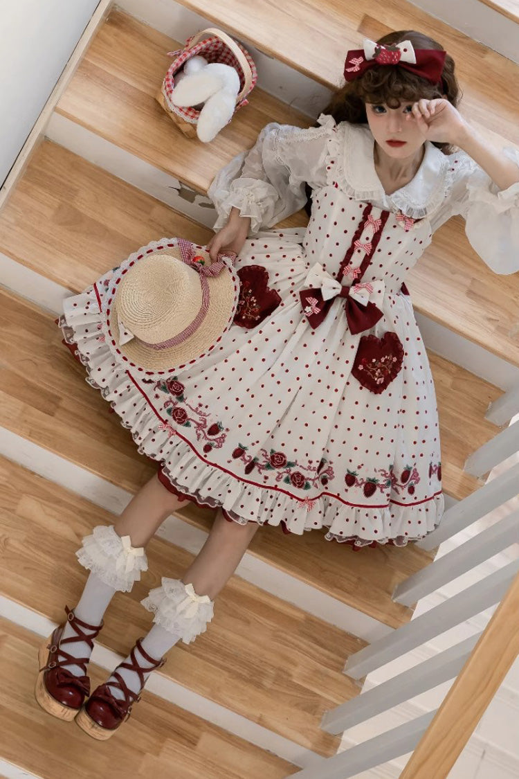 Lolita Jumper Skirt - Strawberry Diary, White, Lace Trim, Ruffled, Printed - additional product view 7