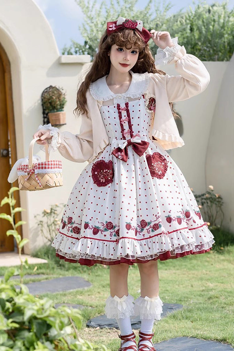 Lolita Jumper Skirt - Strawberry Diary, White, Lace Trim, Ruffled, Printed - main product image