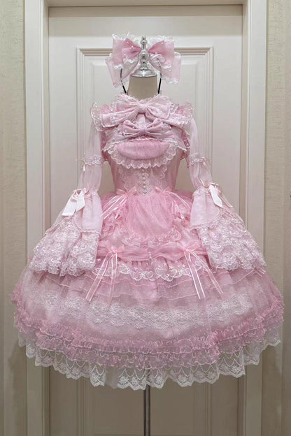 Lolita Jumper Skirt - Sugar Heart Knot, Pink, Layered, Sweet Style, Bow Detail - main product image