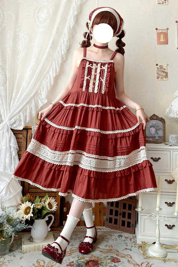 Lolita Jumper Skirt - Summer Flower Tea, 6 Colors, Sweet Style, Bow Detail, Lace Trim - S Red / L Red option