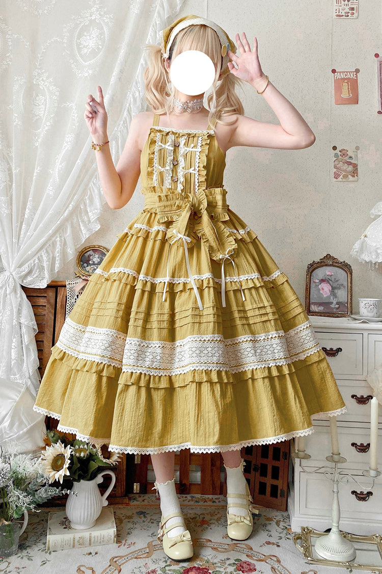 Lolita Jumper Skirt - Summer Flower Tea, 6 Colors, Sweet Style, Bow Detail, Lace Trim - S Yellow / L Yellow option