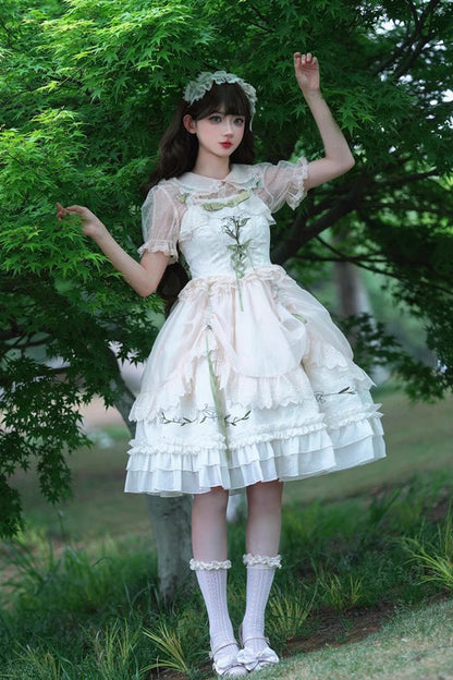 Lolita Jumper Skirt - Summer Lily Of The Valley, 2 Colors, Ruffled, Printed, Embroidered - S Light-Green / L Light-Green option