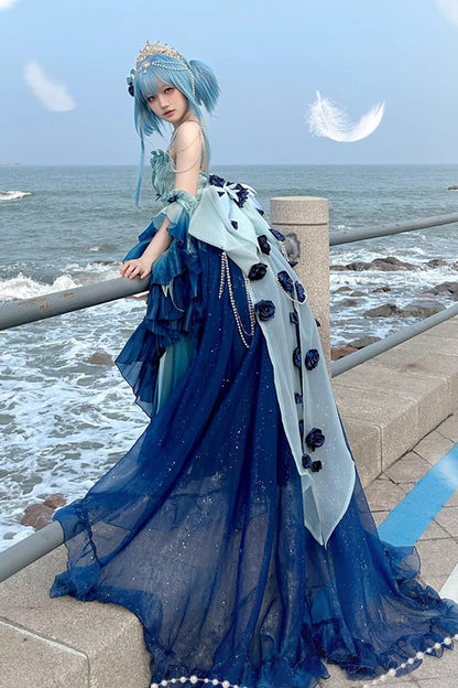Lolita Jumper Skirt - Swan Wonderland, Blue, High-Low Hem, Ballet-Inspired Style - additional product view 2