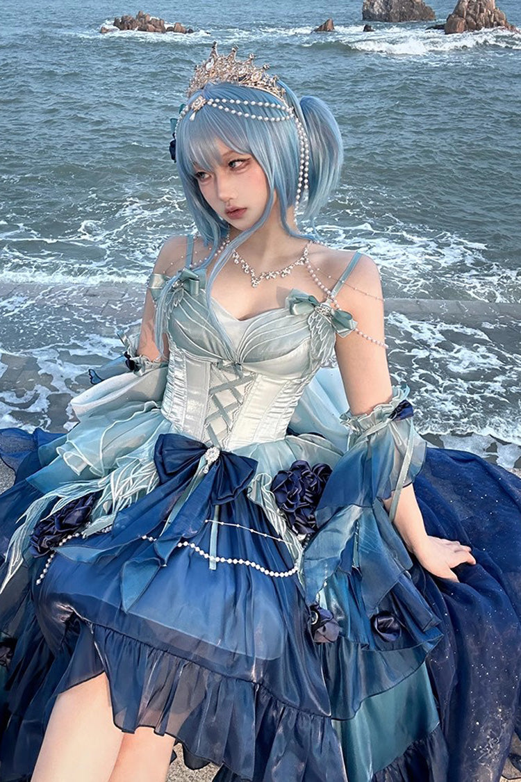 Lolita Jumper Skirt - Swan Wonderland, Blue, High-Low Hem, Ballet-Inspired Style - additional product view 3