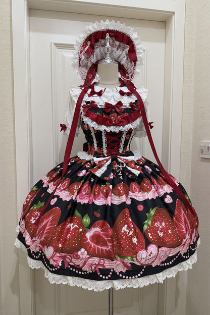 Lolita Jumper Skirt - Sweet Berry Tale, 4 Colors, Printed, Sweet Style, Bow Detail - S Black/Red / M Black/Red / L Black/Red option