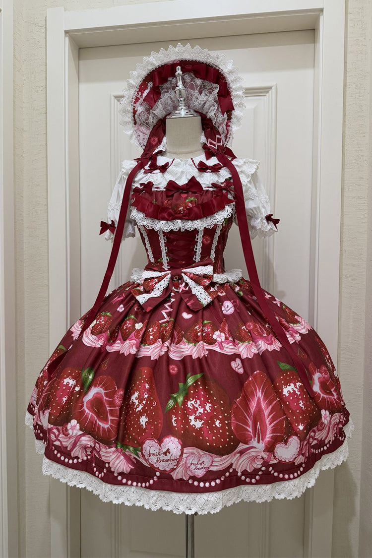 Lolita Jumper Skirt - Sweet Berry Tale, 4 Colors, Printed, Sweet Style, Bow Detail - S Red / M Red / L Red option