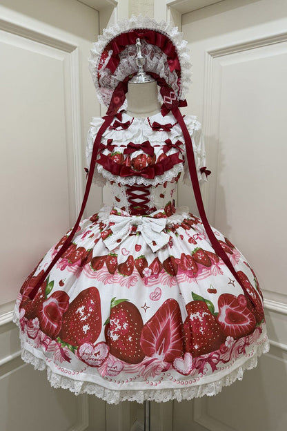 Lolita Jumper Skirt - Sweet Berry Tale, 4 Colors, Printed, Sweet Style, Bow Detail - S White/Red / M White/Red / L White/Red option