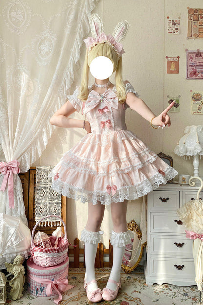 Lolita Jumper Skirt - Sweet Mist Cherry Romance, Pink, Layered, Sweet Style, Bow Detail - additional product view 3
