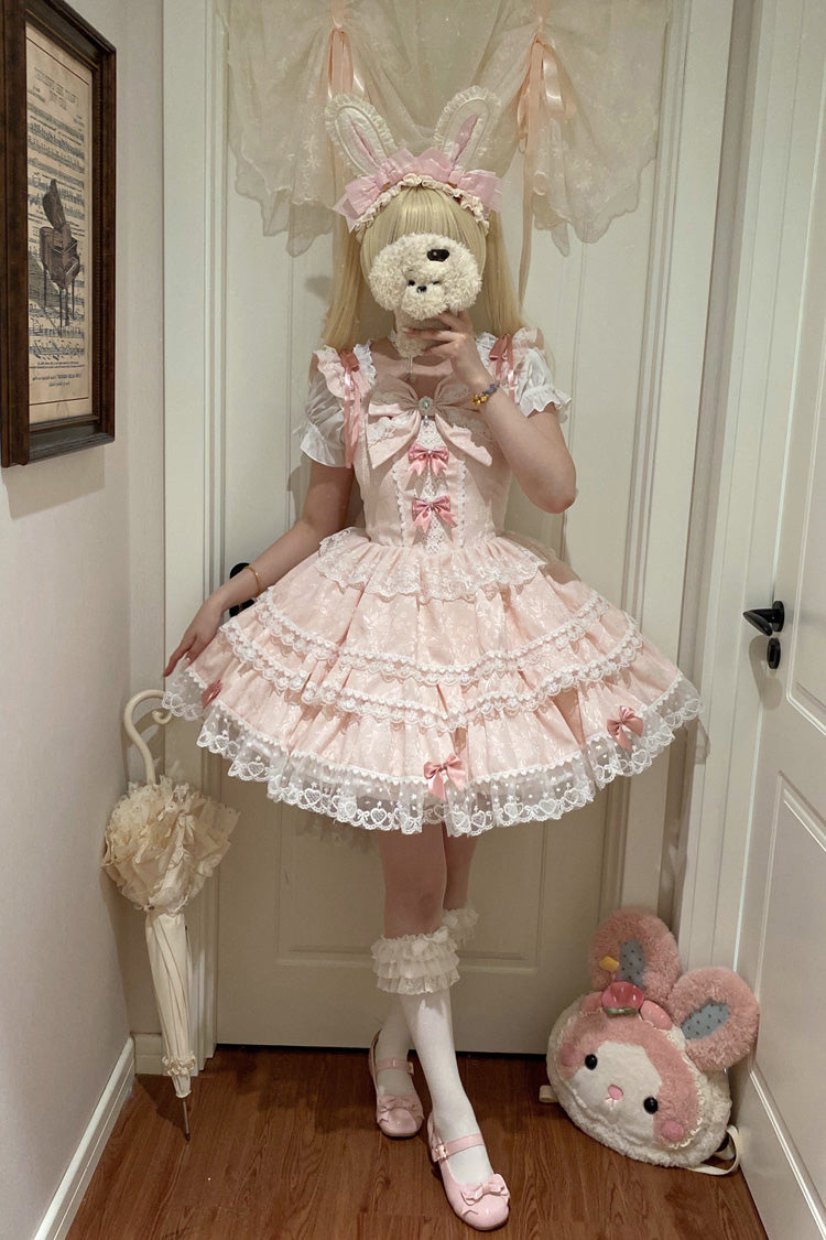 Lolita Jumper Skirt - Sweet Mist Cherry Romance, Pink, Layered, Sweet Style, Bow Detail - additional product view 4