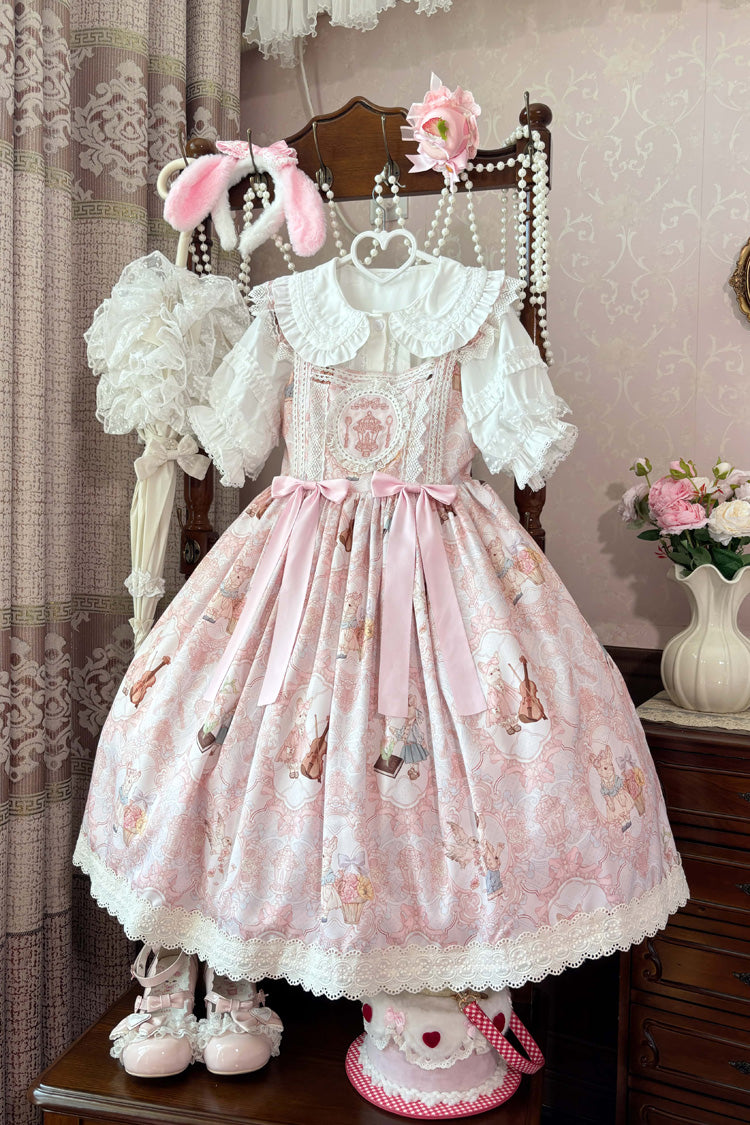 Lolita Jumper Skirt - Sweetheart Party, 3 Colors, Lace Trim, Ruffled, Printed - S Pink / M Pink / L Pink option