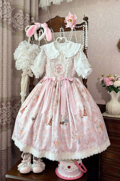 Lolita Jumper Skirt - Sweetheart Party, 3 Colors, Lace Trim, Ruffled, Printed - S Pink / M Pink / L Pink option
