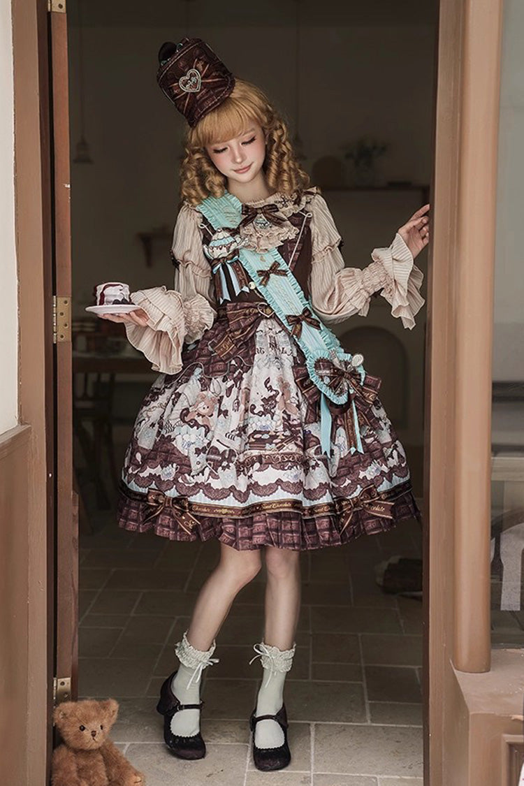 Lolita Jumper Skirt - Teddy Bear Chocolate, Brown, Sweet Style, Bow Detail, Ruffled - additional product view 7