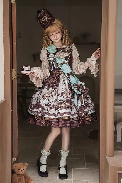 Lolita Jumper Skirt - Teddy Bear Chocolate, Brown, Sweet Style, Bow Detail, Ruffled - additional product view 7