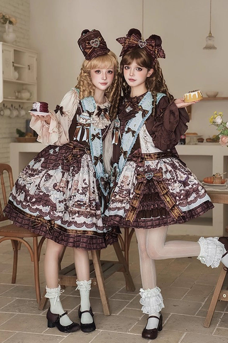 Lolita Jumper Skirt - Teddy Bear Chocolate, Brown, Sweet Style, Bow Detail, Ruffled - main product image