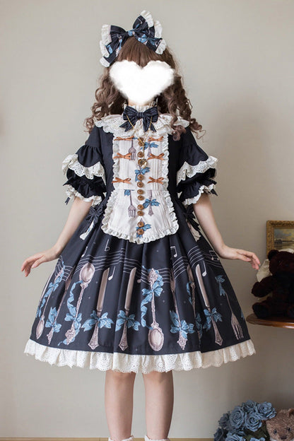 Lolita Jumper Skirt - The Witch’s Banquet, Blue, Embroidered, Sweet Style, Bow Detail - main product image