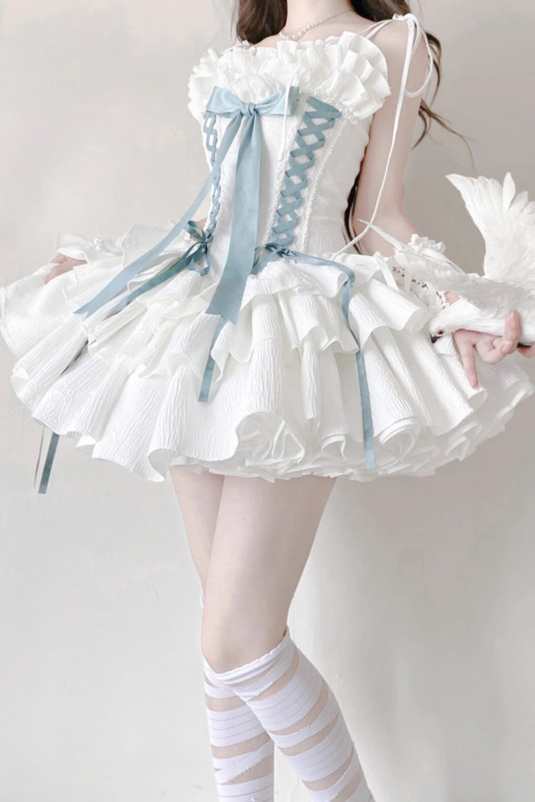 Lolita Jumper Skirt - Thousand Paper Cranes, 4 Colors, Layered, Lace-Up, Gothic Style - S White/Green / M White/Green / L White/Green option