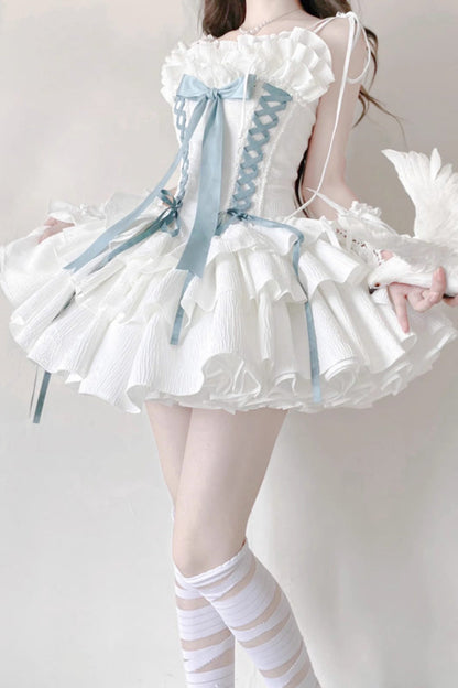 Lolita Jumper Skirt - Thousand Paper Cranes, 4 Colors, Layered, Lace-Up, Gothic Style - S White/Green / M White/Green / L White/Green option