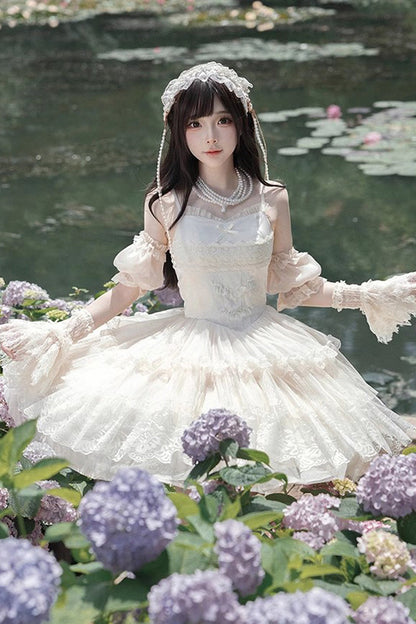 Lolita Jumper Skirt - Tower Multi-layer, Ivory, Short Version, Short Length, Embroidered - additional product view 4