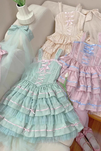 Lolita Jumper Skirt - Triple-layered, Green, Ballet-Inspired Style, Bow Detail, Lace Trim - additional product view 4