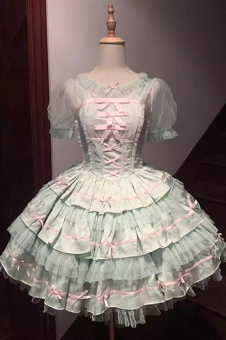 Lolita Jumper Skirt - Triple-layered, Green, Ballet-Inspired Style, Bow Detail, Lace Trim - main product image