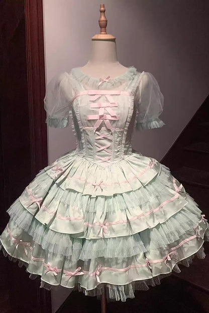 Lolita Jumper Skirt - Triple-layered, Green, Ballet-Inspired Style, Bow Detail, Lace Trim - main product image